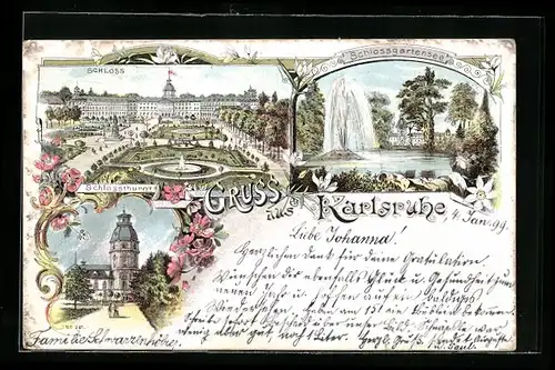 Lithographie Karlsruhe, Schlossgartensee, Schloss, Schlossthurm