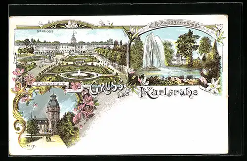 Lithographie Karlsruhe, Schlossgartensee, Schloss, Schlossthurm