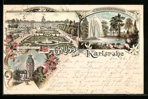 Lithographie Karlsruhe, Schloss mit Schlossturm und Schlossgartensee