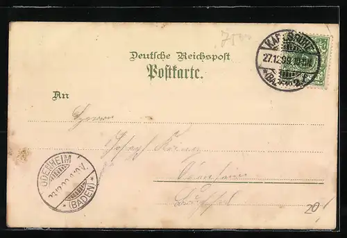 Lithographie Karlsruhe, Schloss, Kriegerdenkmal, Scheffel-Denkmal