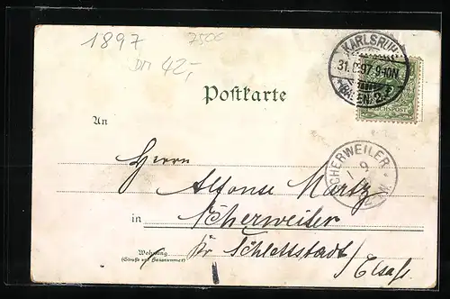 Lithographie Karlsruhe, Hoftheater, Friedrichsplatz mit Sammlungsgebäude und Scheffels Grabmal