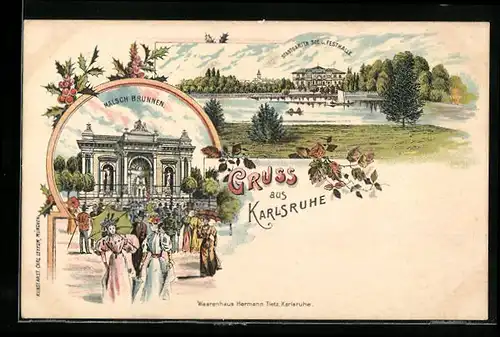 Lithographie Karlsruhe, Malsch Brunnen, See und Festhalle im Stadtgarten