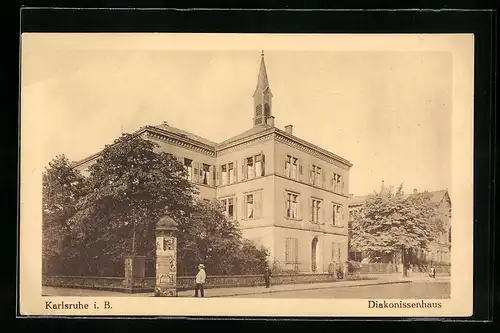 AK Karlsruhe i. B., Diakonissenhaus und Litfasssäule