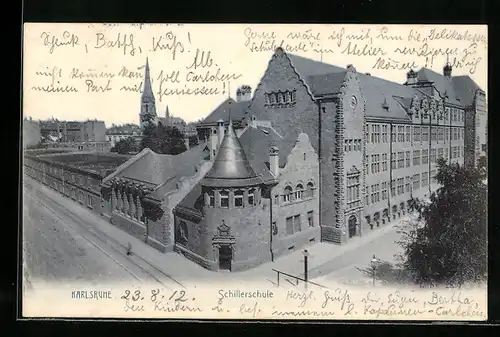 AK Karlsruhe, Schillerschule mit Strassen aus der Vogelschau