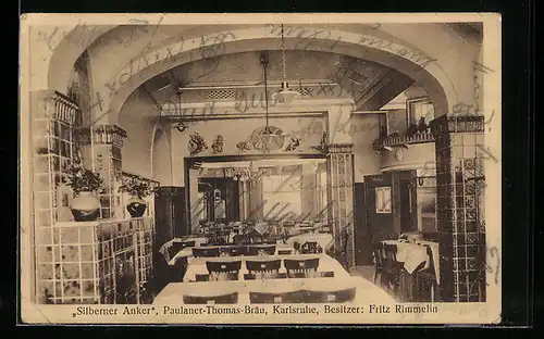 AK Karlsruhe, Gasthaus Silberner Anker, Bes. Fritz Rimmelin, Innenansicht