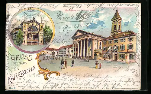 Lithographie Karlsruhe, Marktplatz mit Evangel. Kirche, Festhalle