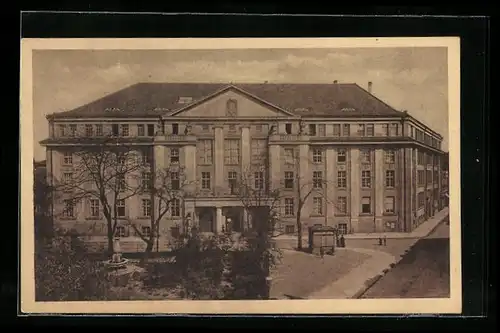 AK Karlsruhe, Gewerbeschule am Lidellplatz mit Lidellbrunnen