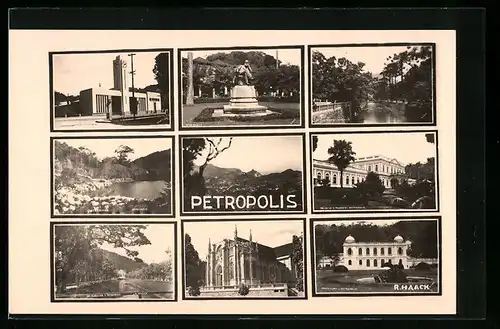 AK Petropolis, Denkmal und Ortsansicht am Wasser