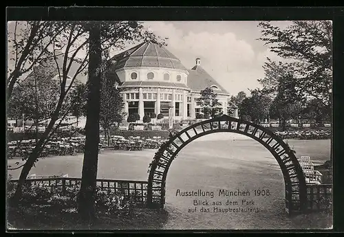 AK München, Bayrische Gewerbeschau 1912, Blick aus dem Park auf das Hauptrestaurant