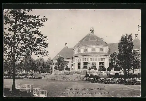 AK München, Ausstellung München 1908, Blick auf das Hauptrestaurant vom Park aus