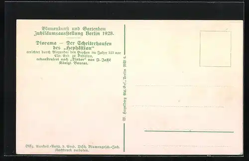 Künstler-AK Berlin, Blumenkunst und Gartenbau Jubiläumsausstellung 1928, Der Scheiterhaufen des Hephästion