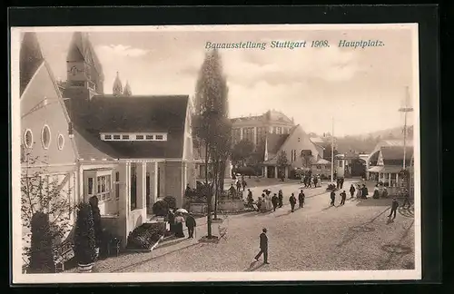 AK Stuttgart, Bauausstellung 1908, Gäste am Hauptplatz