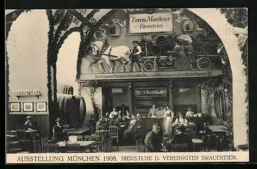 AK München, Ausstellung 1908, Bierstube der vereinigten Brauereien