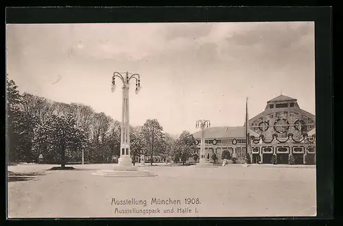 AK München, Ausstellung 1908, Ausstellungspark und Halle 1