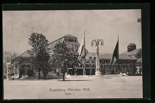 AK München, Ausstellung 1908, Ausstellungsgelände mit Halle I