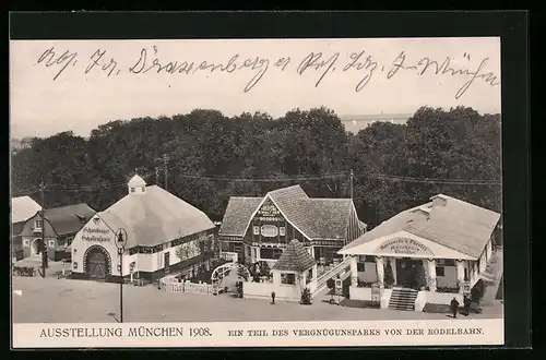 AK München, Ausstellung 1908, Teil des Vergnügungsparks von der Rodelbahn