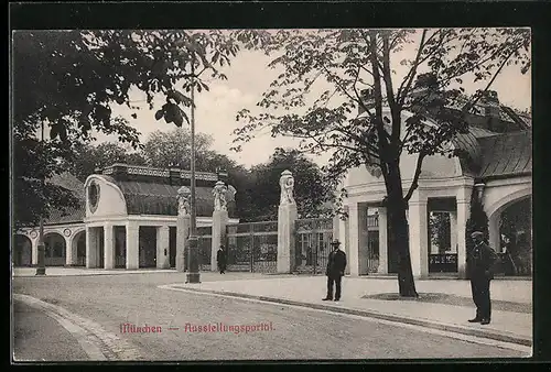 AK München, Ausstellung 1908, Eingangsportal mit Gästen