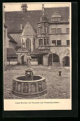 AK Leipzig, Intern. Baufachausstellung 1913, Leipzig um 1800, Lipsia-Brunnen mit Paulinum und Fürstenhaus-Erker