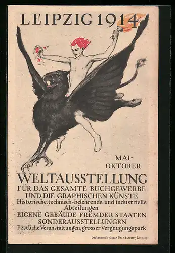 AK Leipzig, Buchgewerbe und Graphik Weltausstellung 1914, nackter Mann fliegt auf einem Vogel