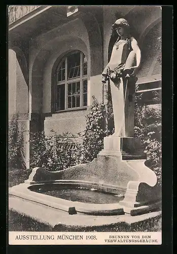 AK München, Bayerische Gewerbeschau 1912, Brunnen vor dem Verwaltungsgebäude