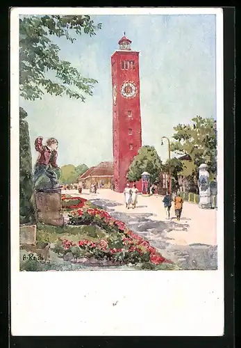 Künstler-AK München, Deutsche Verkehrs-Ausstellung 1925, Strassenpartie mit Turm