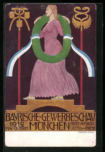 Künstler-AK München, Bayrische-Gewerbeschau 1912, Maid im lila Kleid