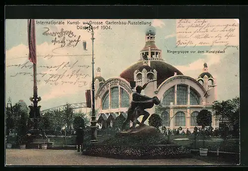 AK Düsseldorf, Internationale Kunst und Gartenbau-Ausstellung 1904 - Ringergruppe vor dem Kunstpalast