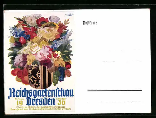 AK Dresden, Reichsgartenschau 1936, Blumenbouquet mit Wappen