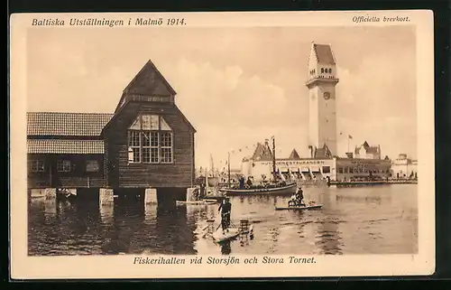 AK Malmö. Baltiska Utställningen i Malmö 1914, Fiskerhallen vid Storsjön och Stora Tornet