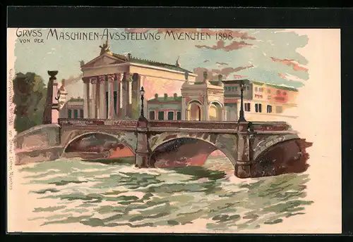 Lithographie München, Maschinen-Ausstellung 1898, Flusspartie mit Brücke