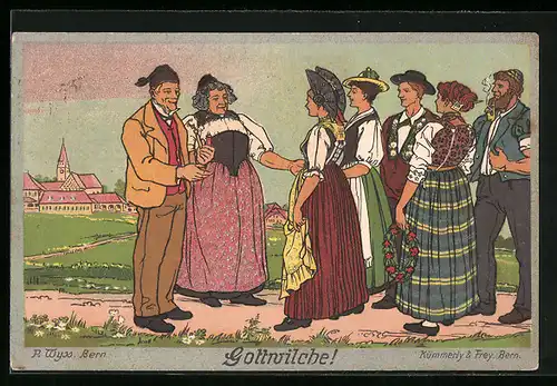 Künstler-AK Bern, Schweiz. Landesausstellung 1914, Männer und Frauen in Tracht