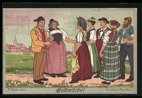 AK Bern, Schweizerische Landesausstellung 1914, Bürger begrüssen sich