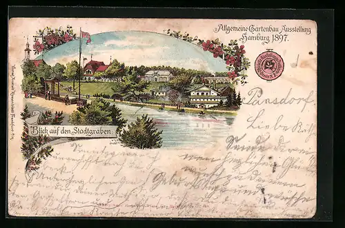 Lithographie Hamburg, Allgemeine Gartenbau Ausstellung 1897, Blick auf den Stadtgraben