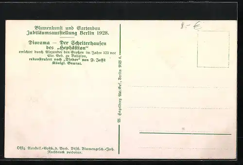 Künstler-AK Berlin, Jubiläumsausstellung 1928, Diorama Der Scheiterhaufen des Hephästion