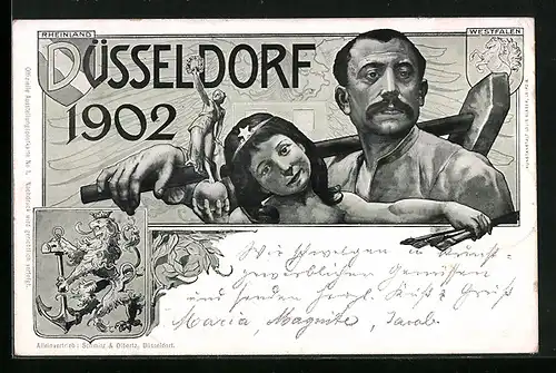 Lithographie Düsseldorf, Ausstellung 1902, Arbeiter mit Hammer und Mädchen, Wappen