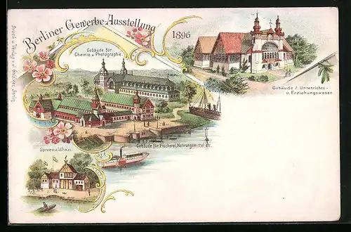 Lithographie Berlin, Gewerbe Ausstellung 1896, Gebäude f. Unterrichts- u. Erziehungswesen