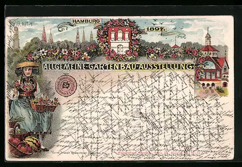 Lithographie Hamburg, Allgemeine-Gartenbau-Ausstellung 1897, Wappen