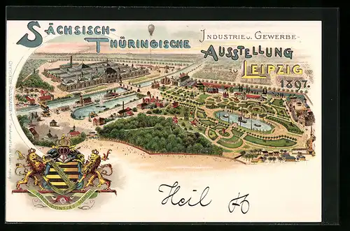 Lithographie Leipzig, Sächsisch-Thüringische Industrie- u. Gewerbeausstellung 1897, Ausstellungsgelände a. d. Vogelschau