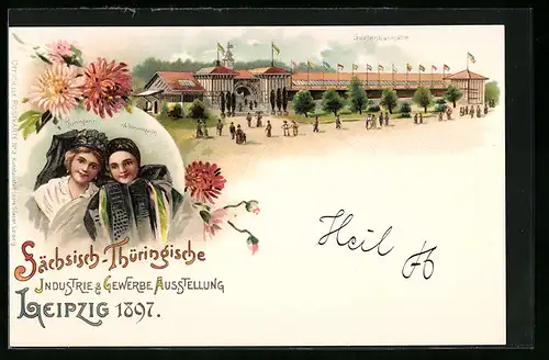 Lithographie Leipzig, Sächsisch-Thüringische Industrie u. Gewerbe Ausstellung 1897, Gartenbauhalle, Trachten