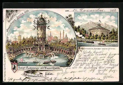 Lithographie Berlin, Berliner Gewerbe-Ausstellung 1896, Haupt-Restaurant mit Wasserturm & Schweinwerfer