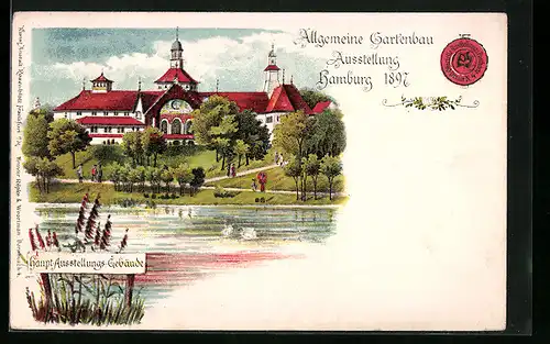 Lithographie Hamburg, Allgemeine Gartenbau Ausstellung 1897, Haupt-Ausstellungs-Gebäude