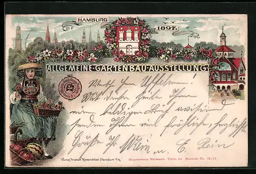 Lithographie Hamburg, Allgemeine-Gartenbau-Ausstellung 1897, Wappen