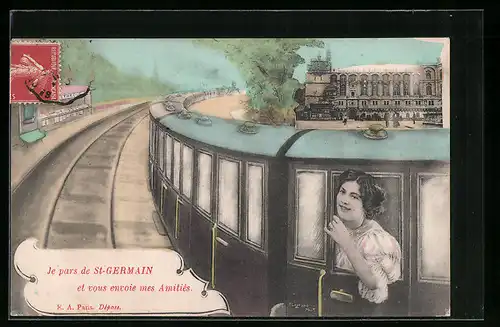Passepartout-AK Montmorency, hübsche Dame fährt im Zug am Bahnhof vorbei