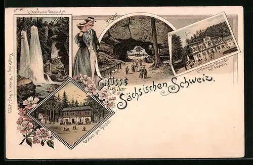 Lithographie Bad Schandau, Gasthaus zum Kuhstall, Lichtenhainer Wasserfall und Kuhstall