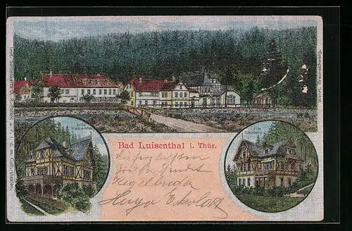 Seiden-Imitations-AK Bad Luisenthal i. Thür., Ortsansicht, Villa Waldmühle und Villa Kienberg