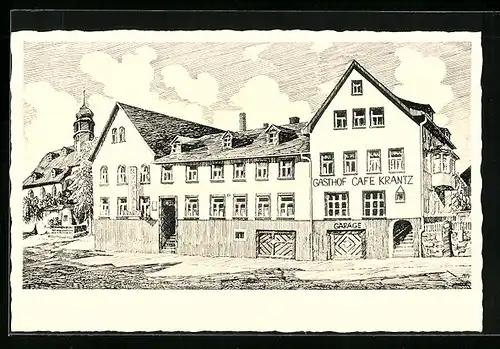 Künstler-AK Köditz bei Hof, Gasthof-Kaffee-Pension Krantz mit Denkmal und Kirche