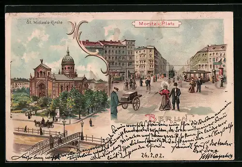 Lithographie Berlin-Kreuzberg, Flaneure auf dem Moritz-Platz, St. Michaels-Kirche