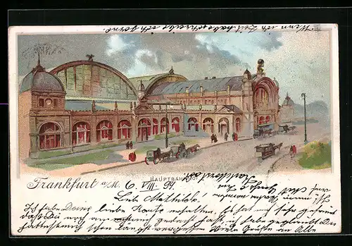 Lithographie Frankfurt a. M., Kutschen vor dem Hauptbahnhof