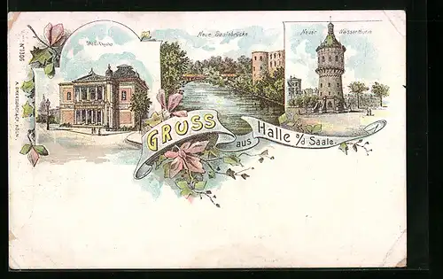 Lithographie Halle a. d. Saale, am Stadt-Theater und an der neuen Saalebrücke