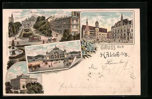 Lithographie Halle a. S., Promenade u. Theater, Universität, Bahnhof